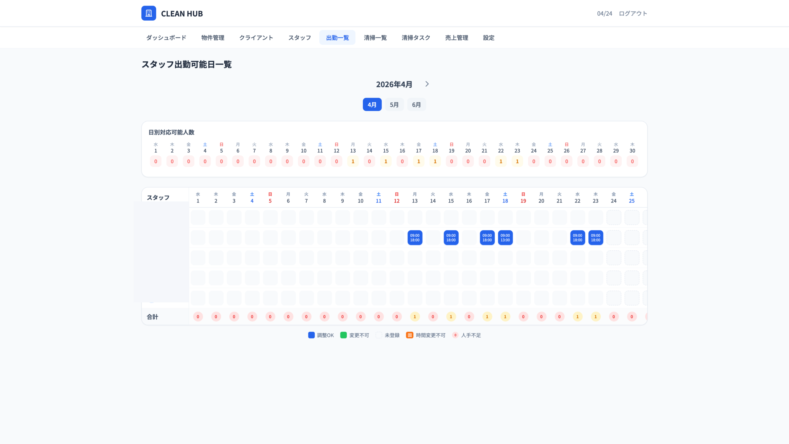 Clean Hub 出勤一覧 — スタッフの空き日をカレンダー形式で管理