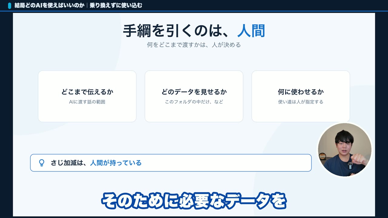 AIに何をどこまで渡すかは人間が決めることを示したスライド