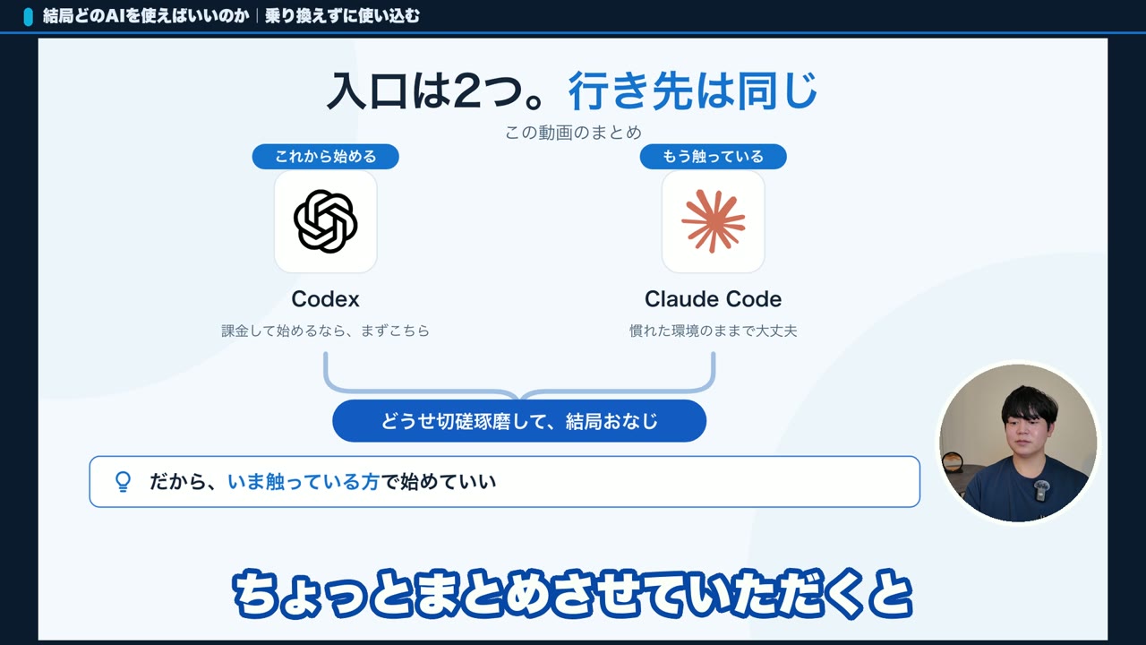 Claude CodeとCodexの選び方を2つの入口で示したスライド