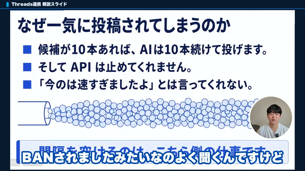 Claude CodeなどのAIがThreadsに一気に投稿してしまう理由を示したスライド