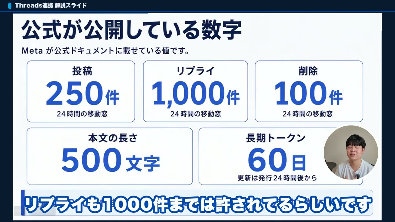 Threads APIの上限(投稿250件・返信1,000件・削除100件・本文500文字・長期トークン60日)