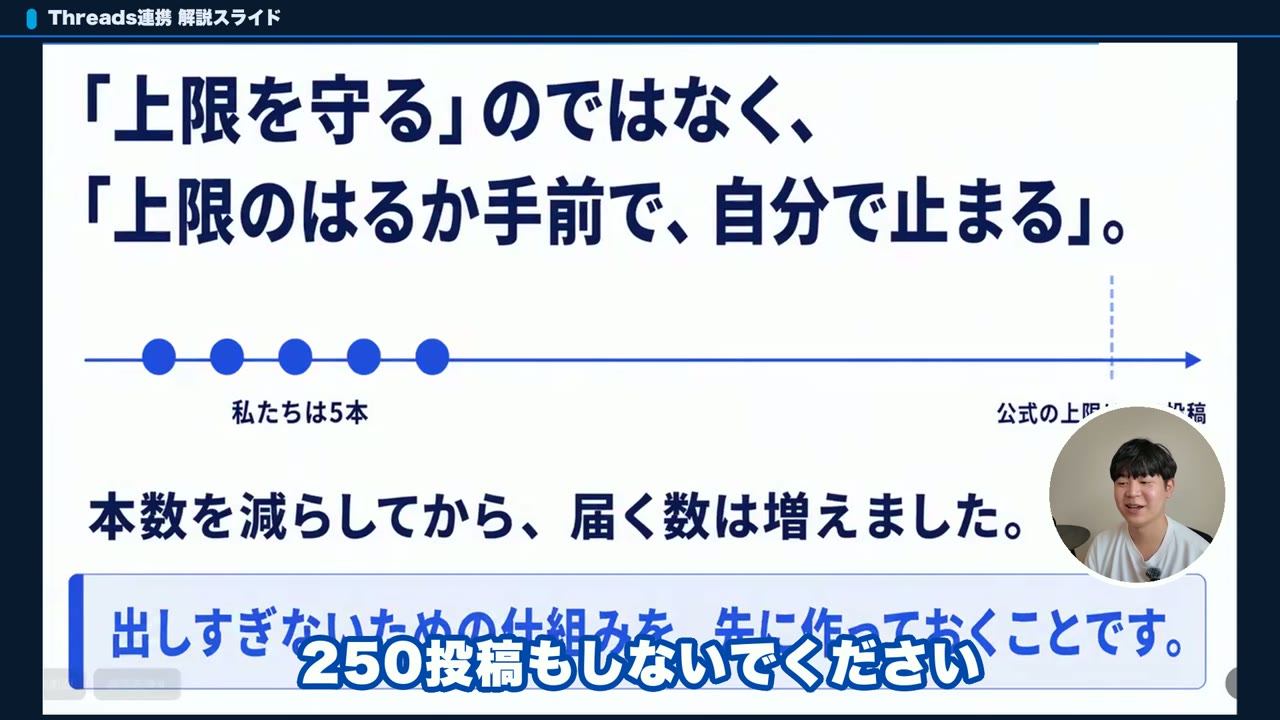 Threads自動投稿は公式上限のはるか手前で止まるという方針のスライド